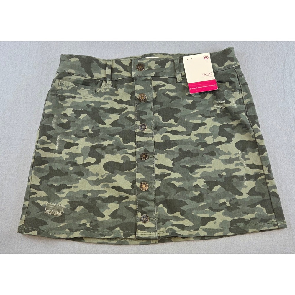 Camo Mini Skirt Girls 16 Green Camouflage Button Front Distressed Grunge NWT